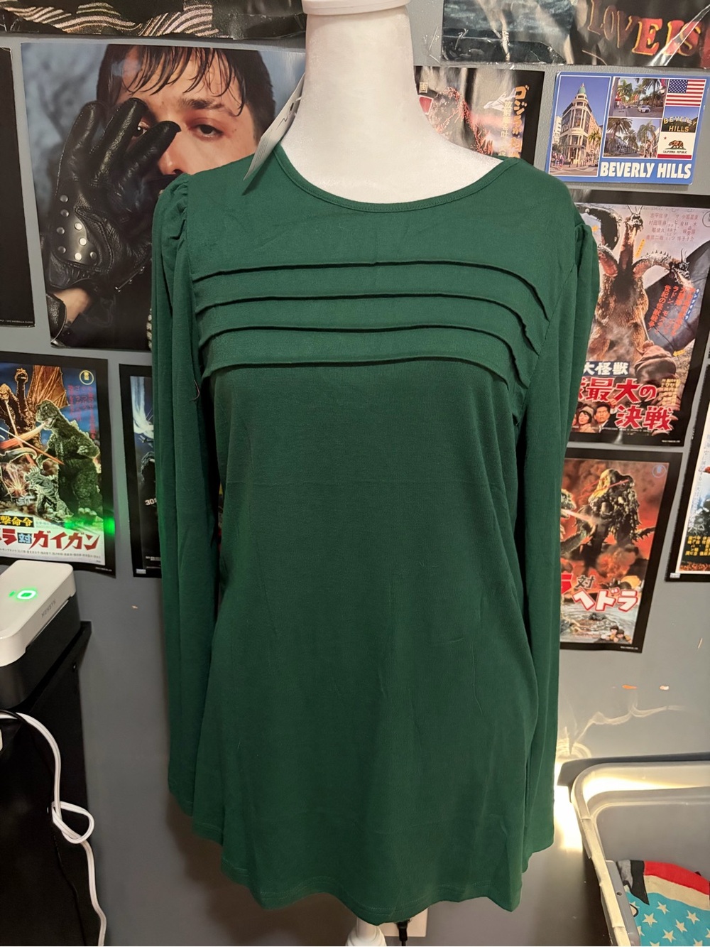 Forest Green Long-Sleeve Pleated-Yoke Women's Top
